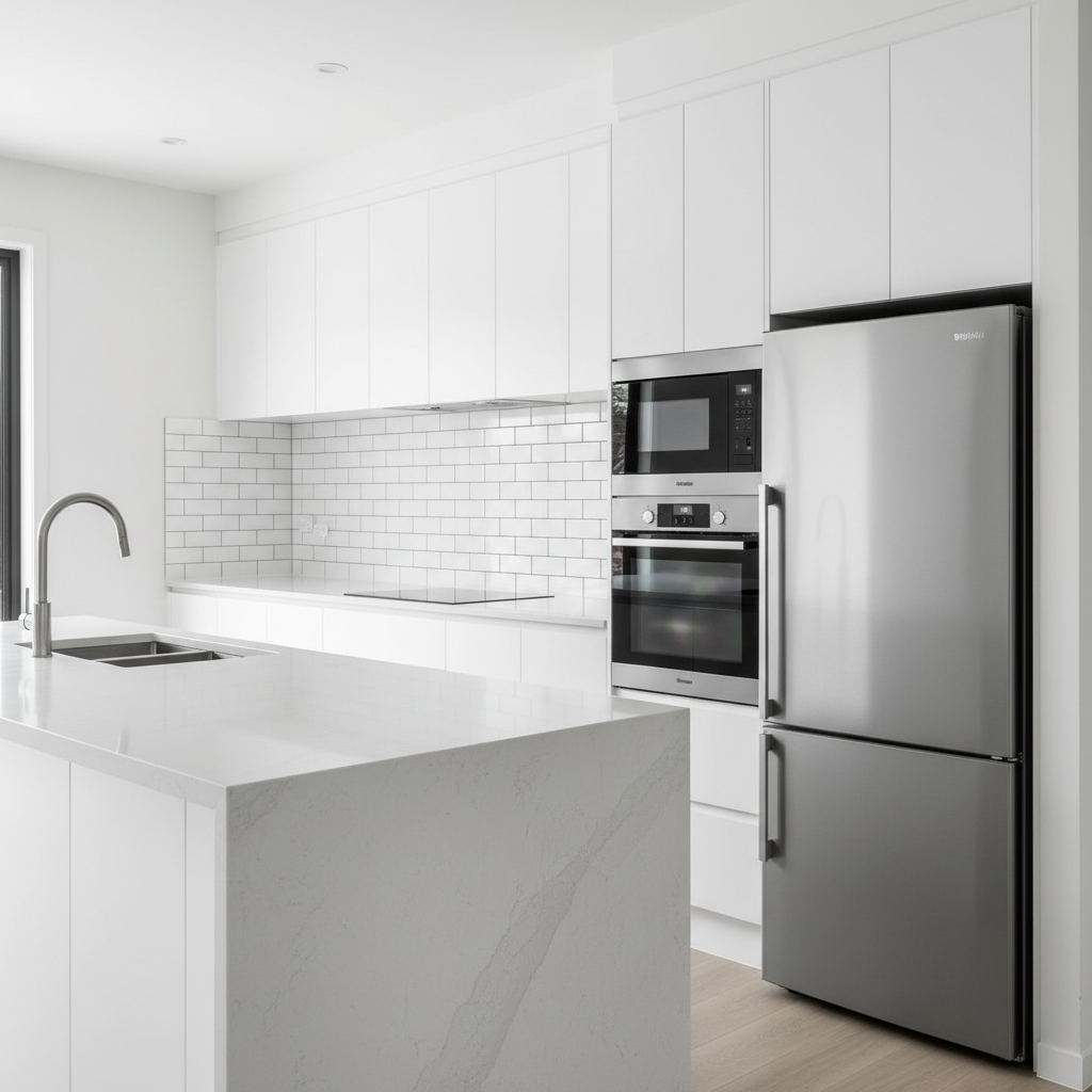 A bright, immaculate modern kitchen fit-out inside an Auckland townhouse, illustrating high-quality residential building work. Sleek white handleless cabinetry with a soft matte finish aligns perfectly along one wall, meeting a waterfall island bench in lightly veined white engineered stone. The splashback is made of glossy subway tiles with precise, even grout lines, contrasting subtly with brushed stainless-steel fixtures and integrated appliances. Natural daylight streams in from an unseen window to the left, creating clean highlights on the benchtop and soft shadows under the overhead cupboards. Photographic realism, captured from a slightly elevated corner angle with sharp focus throughout, gives a calm, confident, and premium atmosphere suited to a professional builder’s portfolio.