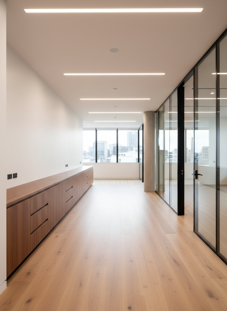 The interior of a newly completed premium Auckland office fit-out, showcasing flawless craftsmanship. A spacious open-plan floor features smooth light oak flooring, pristine white walls, and full-height glass partitions with matte black aluminum frames. Built-in joinery in rich walnut veneer aligns perfectly against the walls, with recessed LED strip lighting casting a clean, uniform glow across every surface. Natural daylight filters through large windows, reflecting subtly on brushed metal fixtures and a polished concrete column. Captured at eye level in photographic realism with a wide lens, the composition emphasizes straight lines, perfect alignment, and an uncluttered, modern aesthetic that communicates precision, speed, and high-quality building standards.