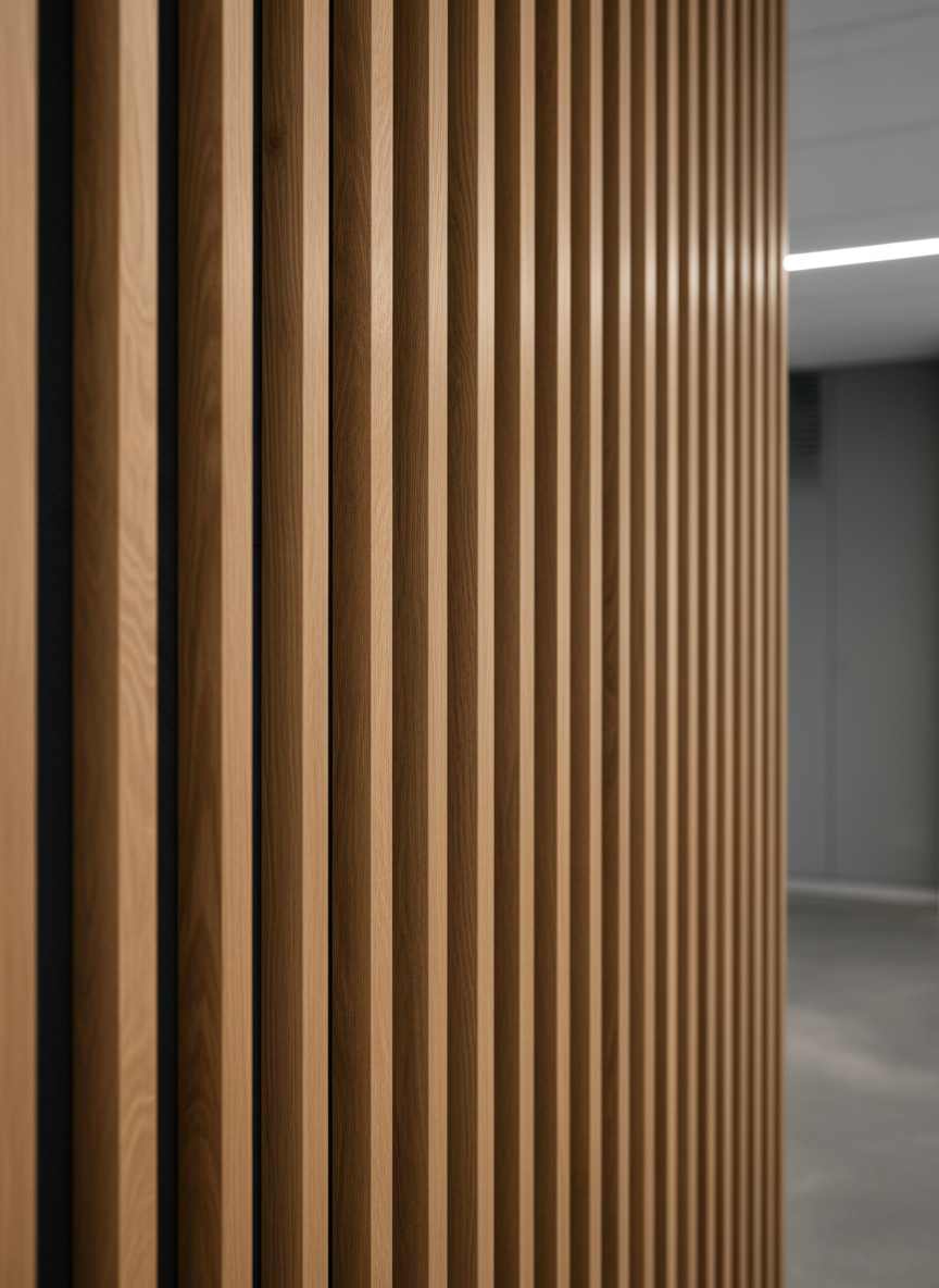 A detailed close-up of a premium timber feature wall in a contemporary Auckland commercial space, emphasizing construction quality. Vertical slats of warm, knot-free oak with a satin finish are installed with millimeter-perfect spacing, backed by a dark acoustic panel that adds depth. Soft, diffused overhead lighting creates gentle highlights on the timber grain and subtle shadows in the gaps, enhancing the three-dimensional effect. The background falls into a soft bokeh of neutral-toned walls and a hint of polished concrete floor. Shot in photographic realism with a shallow depth of field and tight framing, the image focuses entirely on the precision detailing, evoking a mood of meticulous craftsmanship and professional, high-end construction.