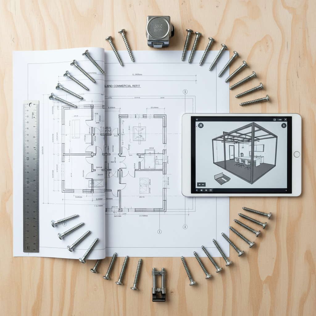 An ultra-tidy construction planning scene laid out on a clean plywood workbench, representing professional project management. Detailed architectural blueprints of an Auckland commercial fit-out are spread flat, with crisp black linework and clear dimensions. A high-quality metal architect’s scale, a digital tablet displaying a 3D building model, and a neatly arranged set of stainless-steel fasteners and measuring tools surround the drawings. Soft, neutral overhead lighting evenly illuminates the scene, creating subtle reflections on metallic surfaces and gentle shadows along the paper edges. Shot in photographic realism from a directly overhead, bird’s-eye perspective, the composition is symmetrical and organized, conveying precision, speed, and reliability in construction planning without including any human hands or figures.