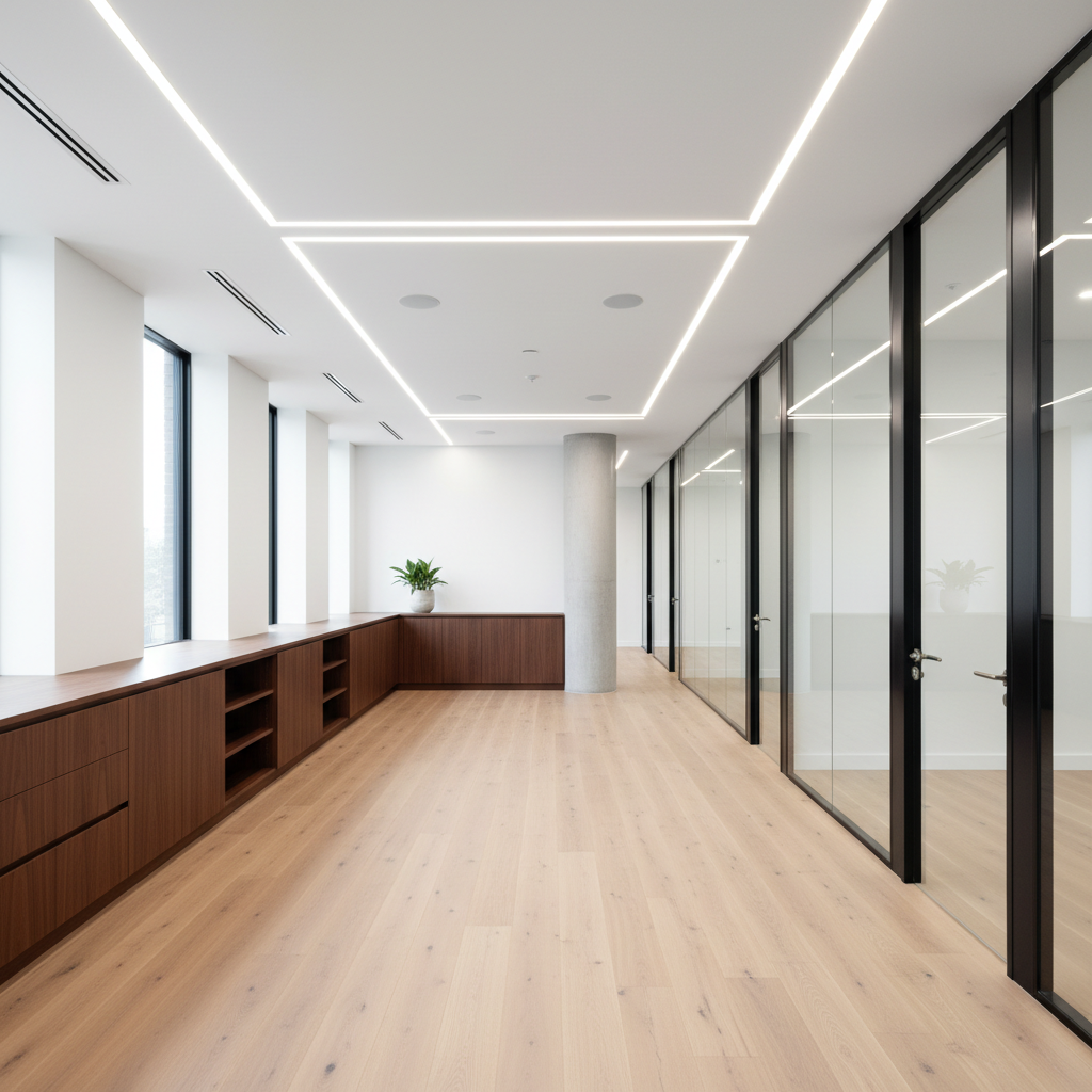 The interior of a newly completed premium Auckland office fit-out, showcasing flawless craftsmanship. A spacious open-plan floor features smooth light oak flooring, pristine white walls, and full-height glass partitions with matte black aluminum frames. Built-in joinery in rich walnut veneer aligns perfectly against the walls, with recessed LED strip lighting casting a clean, uniform glow across every surface. Natural daylight filters through large windows, reflecting subtly on brushed metal fixtures and a polished concrete column. Captured at eye level in photographic realism with a wide lens, the composition emphasizes straight lines, perfect alignment, and an uncluttered, modern aesthetic that communicates precision, speed, and high-quality building standards.