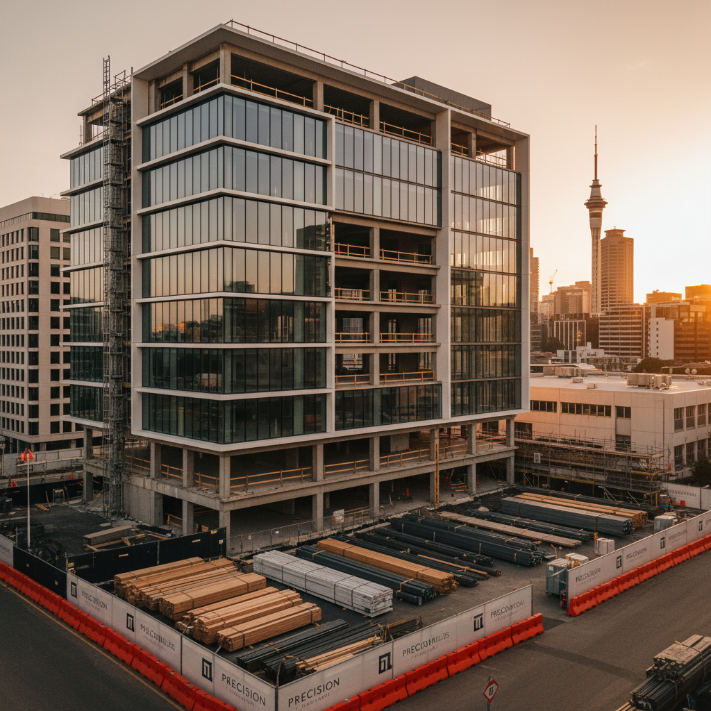 A high-end commercial construction site in central Auckland, featuring a partially completed modern office building with sharp glass façades and precise concrete lines. In the foreground, neatly stacked timber, steel framing, and polished aluminum cladding are arranged in an orderly fashion beside bright orange traffic barriers and clean, branded site fencing. The scene is captured in photographic realism at golden hour, with low, warm sunlight skimming across surfaces, highlighting the textures of concrete, metal, and glass while casting long, crisp shadows. Shot from a slightly elevated angle with sharp focus throughout, the composition feels organized, efficient, and professional, conveying premium, high-quality building work without any human presence.